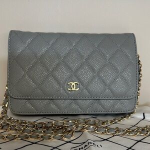 Chanel Quilted Gray Crossbody Bag with Gold Chain 9cm